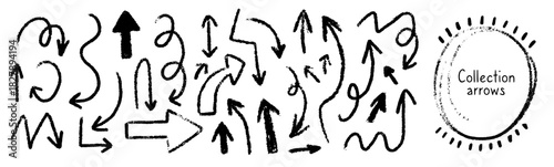 Arrow brush doodle chalk line stroke. Hand drawn crayon wavy arrows collection. Grunge style chaotic strokes drawings