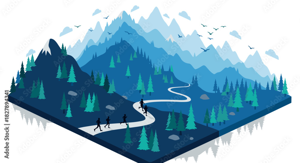 Naklejka premium Isometric mountain landscape with hikers and pine trees