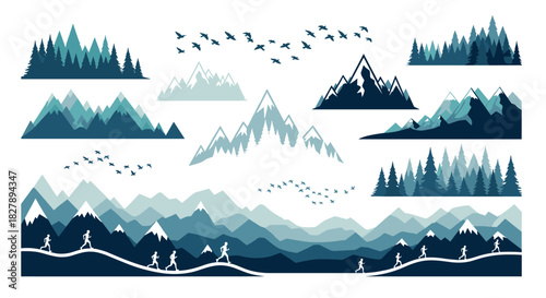 Minimalist mountain landscape silhouettes with pine trees and birds in motion