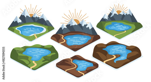 Diverse landscapes with mountains, lakes, and sun in isometric style