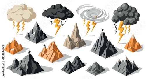 Diverse mountain and storm icons with lightning, clouds, and climbers