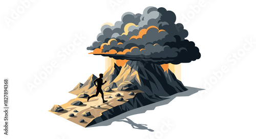 Dramatic landscape with runner and volcanic cloud in digital art style