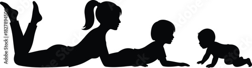 Family silhouette with baby, child, adult lying down, bonding moment, parenting, development, vector illustration, love, care