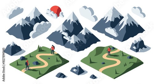 Isometric mountain landscape with hikers and clouds in flat design