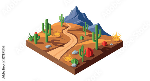 Desert landscape with cactus and mountain in isometric style