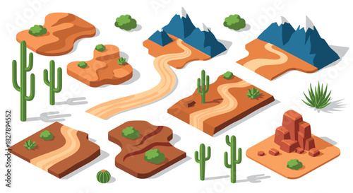 Isometric desert landscapes with mountains, cacti, and rivers in minimalist style