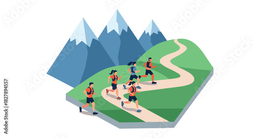 Flat style adventure trail running with group in mountainous landscape
