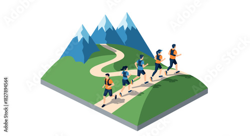 Isometric mountain hiking with group of people on trail in nature