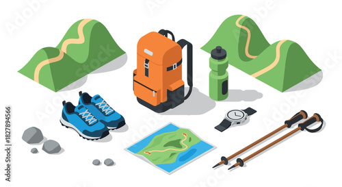 Isometric camping gear and hiking essentials outdoor adventure layout