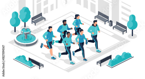 Group of diverse people running in urban park, isometric style, cityscape recreation scene