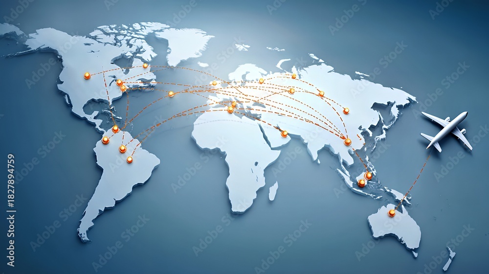 Naklejka premium Global Flight Routes: Connecting Continents Through Air Travel Networks