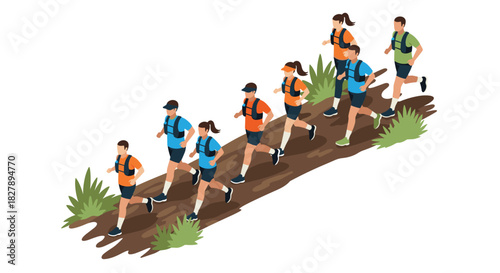 Group of people running outdoors in isometric style on trail