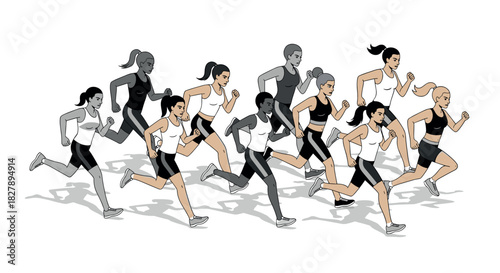 Dynamic group of diverse runners in motion race concept with shadow effects