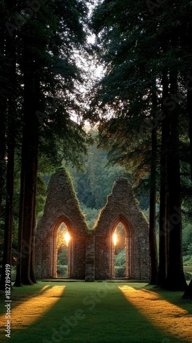 Ancient stone abbey ruins flanked by tall trees with sunlight streaming through Gothic arches
