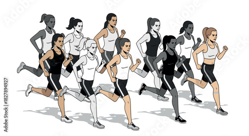 Diverse group of women running in activewear with dynamic motion