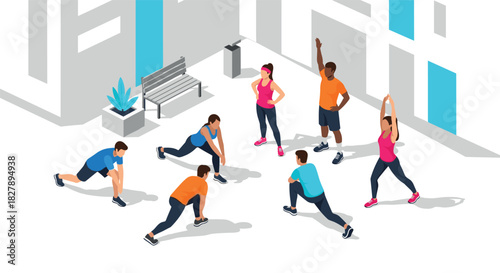 Group outdoor fitness session in isometric style with stretching exercises