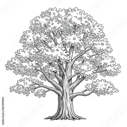 Detailed illustration of a majestic green oak tree with a thick trunk, isolated on white
