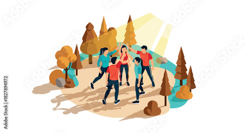 Energetic team gathering in autumn forest isometric style
