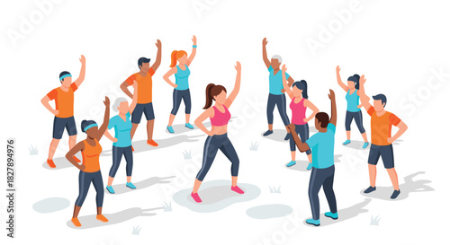 Group exercise class outdoors with diverse people in isometric style