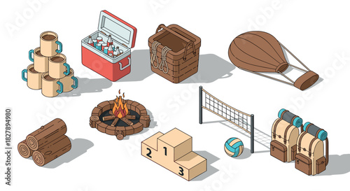 Rustic outdoor adventure gear collection in isometric style for summer camping and recreation