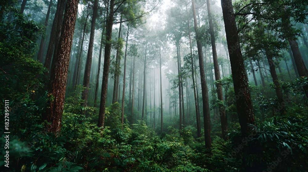 Fototapeta premium Stunning forest scene showcasing tall trees, lush greenery, natural landscape, serene environment, sunlight filtering through foliage, peaceful wilderness, and vibrant ecosystem
