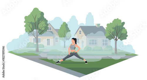 Outdoor exercise in residential suburb with modern flat design trees and homes
