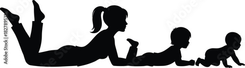Family silhouette with baby, child, adult lying down, growth stages, parenting, bonding, development, vector illustration, love