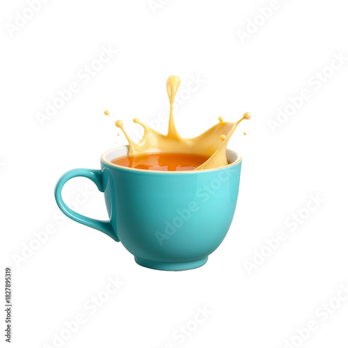 Dynamic Orange Liquid Splashing from a Turquoise Cup