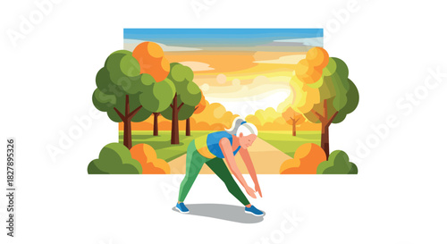 Active senior woman exercising outdoors in vibrant autumn park at sunrise