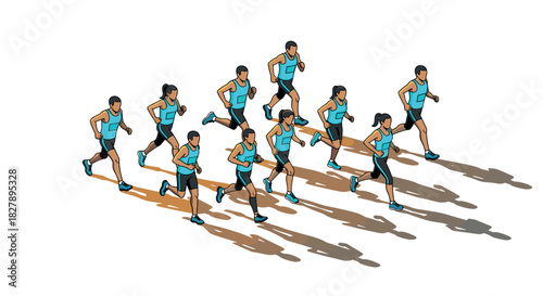 Dynamic isometric running group with vibrant shadows in motion