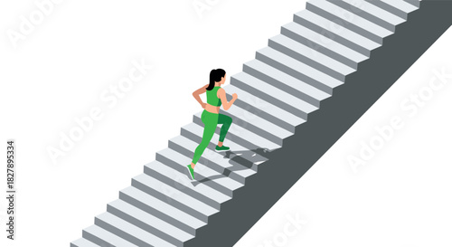 Female runner ascending stairs in isometric style