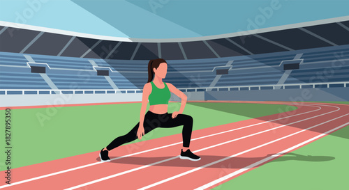 Athletic woman stretching on track in stadium scene for fitness and training concepts