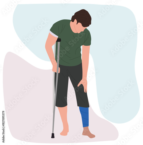 Man broken leg. man using a cane because his leg is injured