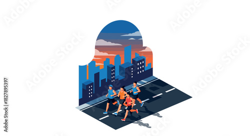 Urban runners in modern isometric cityscape at sunset