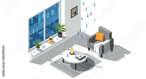 Cozy isometric living room with rainy window view and modern furniture