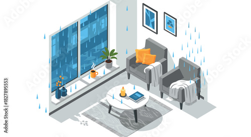Cozy isometric rainy day living room with armchairs and coffee table