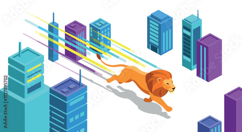 Dynamic lion racing through colorful futuristic cityscape