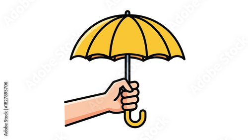 Human Hand Firmly Holding a Bright Yellow Umbrella, Offering Protection from Rain and Inclement Weather with a Secure Grip