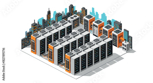Isometric data center with server racks amid urban skyline