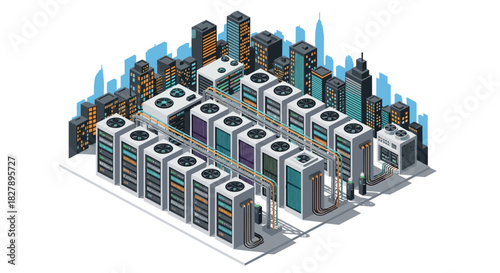 Futuristic urban data center in isometric style with skyscraper background