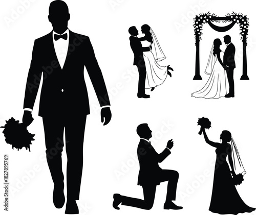 Wedding silhouette collection of bride and groom poses and elements