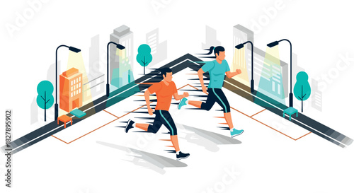 Dynamic urban running: isometric cityscape with joggers showing active lifestyle and fitness