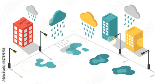 Isometric cityscape with colorful buildings and rainy weather elements