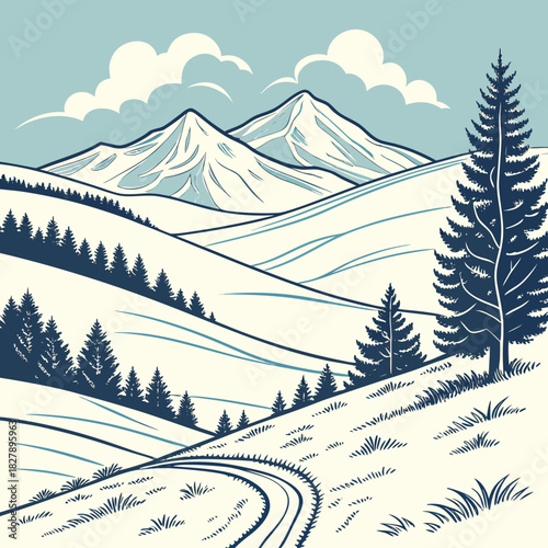Winter landscape with snowy mountains and pine trees in a minimalist style