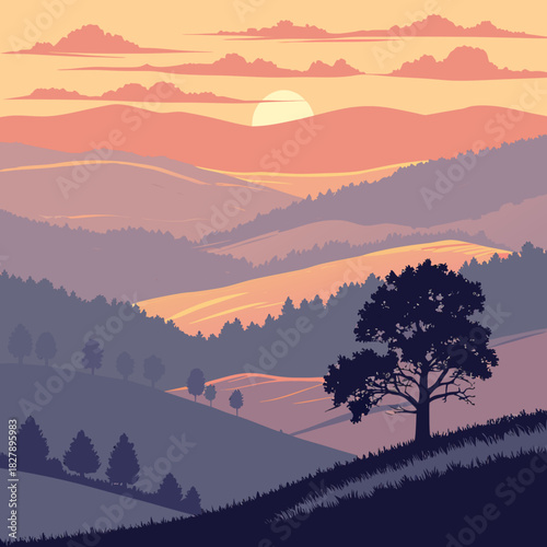 A scenic landscape with rolling hills and a solitary tree at sunset