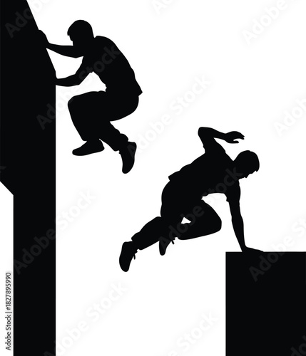 Parkour silhouette urban athletes performing acrobatic jumps and climbing
