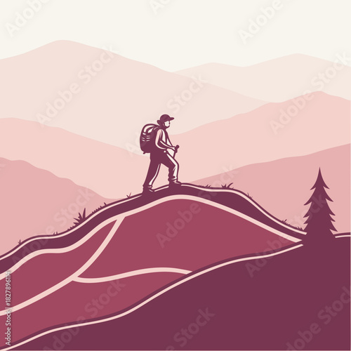 Hiker with backpack on top of a mountain with a beautiful landscape view