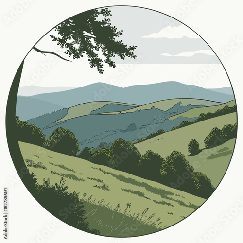 Rolling hills landscape illustration in circle frame with tree on the side