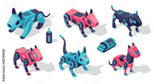 Colorful isometric robotic animals collection with futuristic design elements