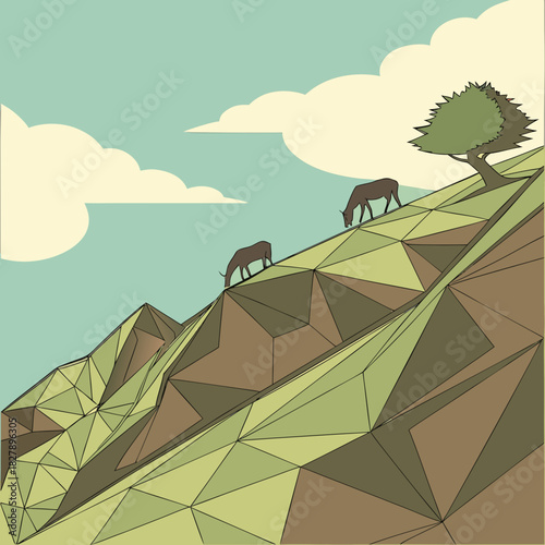 Two animals graze on a grassy hillside under a partly cloudy sky